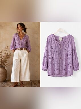 NWT! Johnny Was Janine Peasant Top | Lavender Eyelet Embroidered Blouse Sz L